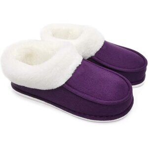 Women's Purple Winter Warm Faux Suede Plush Fluffy Fur Slip On Slippers Boot